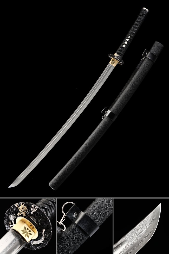 Damascus Steel Katana with Dragon Tsuba in Gold and Silver Gilding - Black Leather Saya Collectible Sword