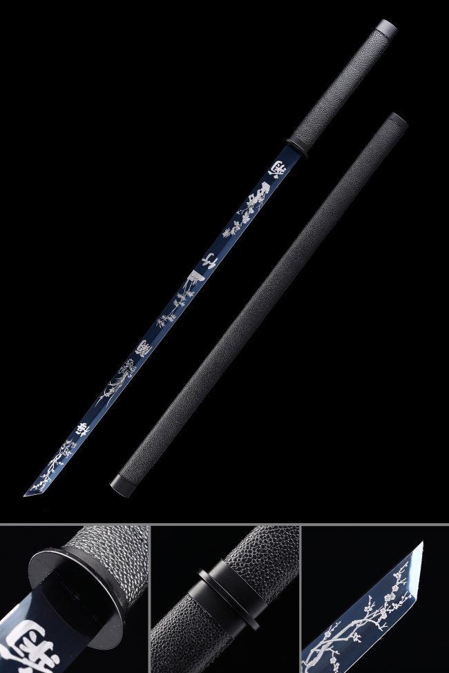 Blue Manganese Steel Chokuto Ninjato with Plum Blossom Engraved Blade in Black PU Leather Saya