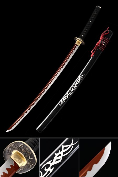 Handmade Japanese Samurai Sword High Manganese Steel With Red Blade And Black Scabbard