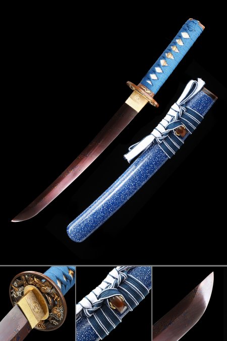 Handcrafted Full Tang Japanese Tanto Sword Damascus Steel With Red Blade