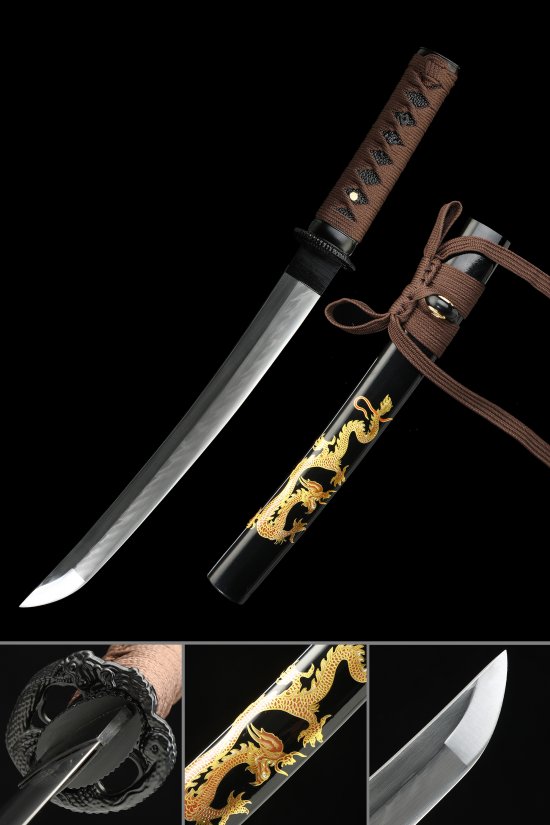 T10 Carbon Steel Japanese Tanto with Black Lacquer Saya - Snake Tsuba, Brown Ito, Dragon Motif