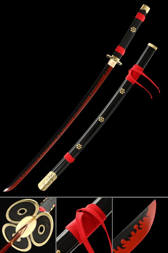 Yama Enma Sword - 1060 Carbon Steel Red Fire Blade with Gold Alloy Tsuba in Black Saya