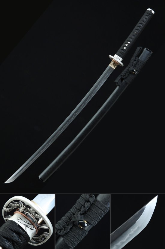 Dragonfly Tsuba T10 Carbon Steel Katana, Full Tang, Handmade & Black Saya