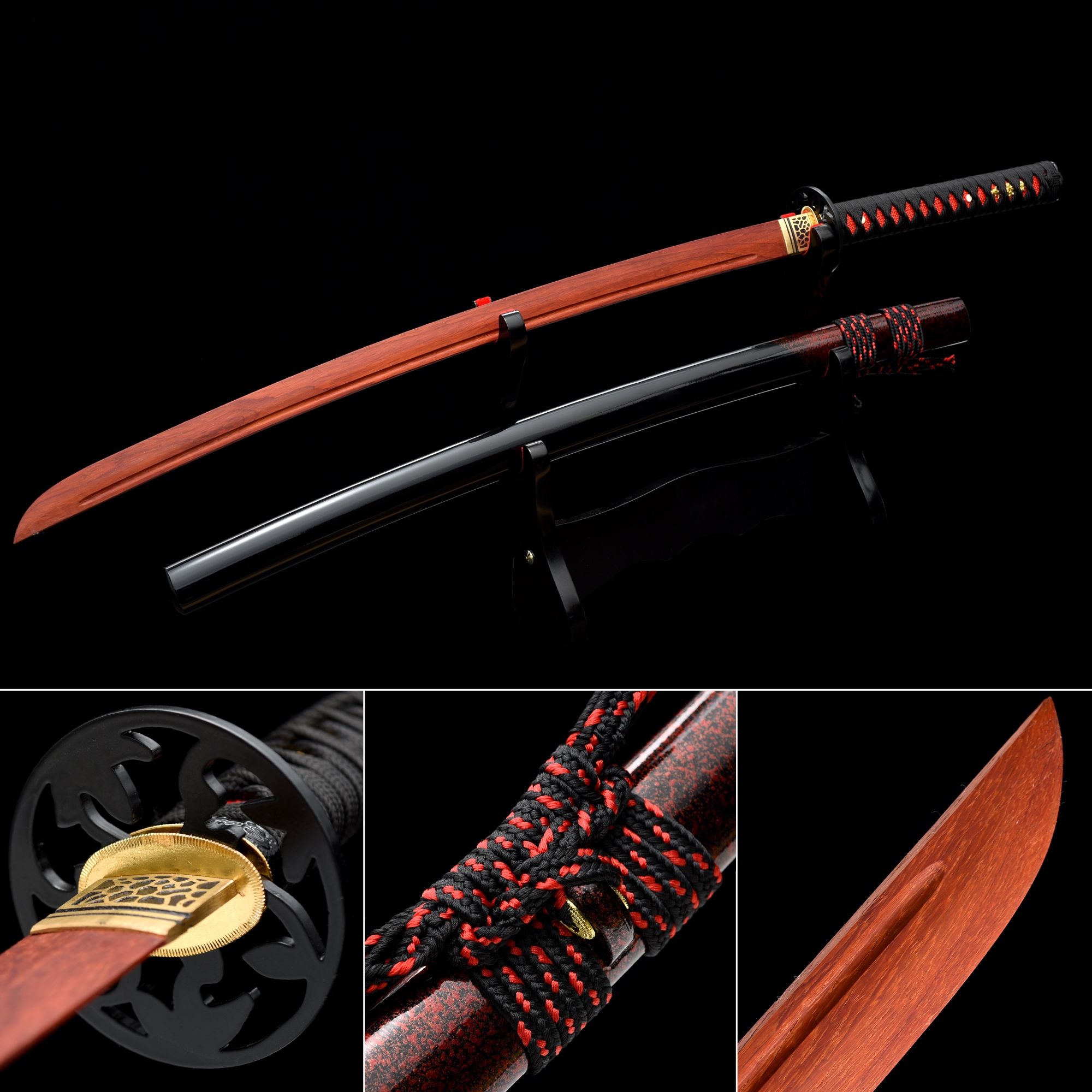 Handmade Rosewood Wooden Blunt Unsharpened Blade Katana Samurai Sword With Black Scabbard