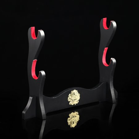 2 Tiers Sword Table Stand Holder Display 2-layer Rack Base Black Lacquered Wood With Red Felt