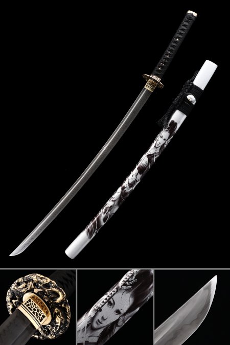 Handmade Japanese Sword T10 Folded Clay Tempered Steel Blade With White Scabbard