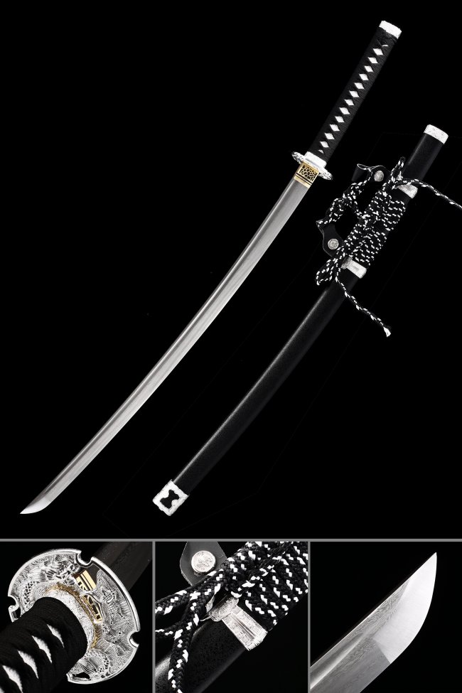 Damascus Steel Katana with Dragon Tsuba - Black Lacquer Saya, Black-White Ito Wrap