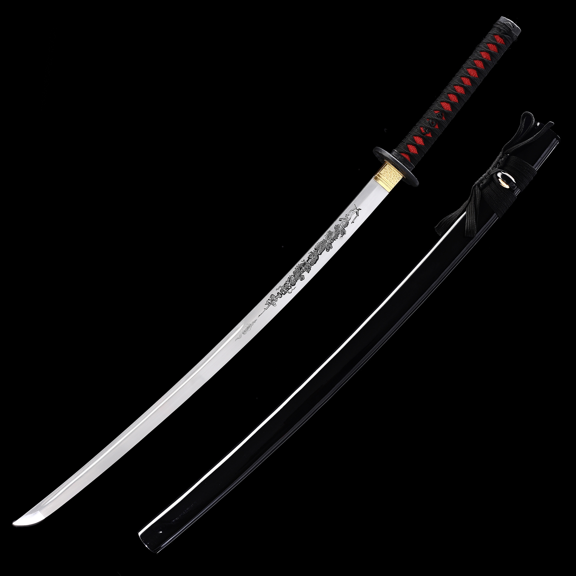 Black Katana | 1095 Carbon Steel Katana with Dragon Carved Blade