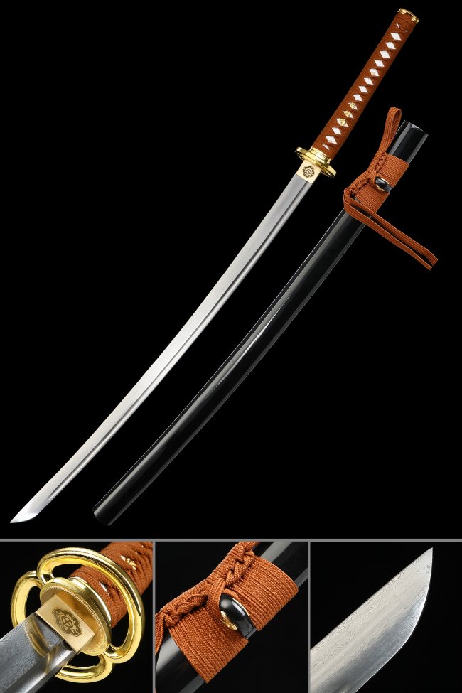 Damascus Steel Katana with Black Lacquer Saya - Brown Tsuka, Gold Tsuba, 28.74in Blade