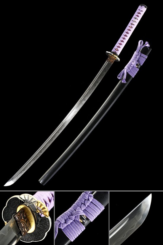 Folded Melaleuca Steel Katana with Real Hamon - Black Saya, Purple Cord Handle & Gold-Black Chrysanthemum Tsuba