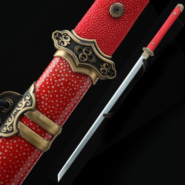 High-performance Pattern Steel Sharpening Chinese Tang Dynasty Sword With Red Rayskin Scabbard