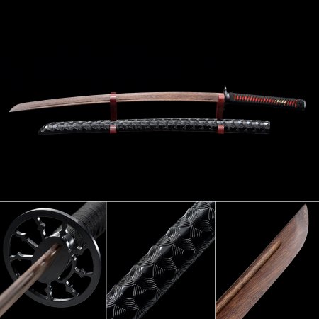 Handmade Brown Wooden Blunt Unsharpened Blade Samurai Swords With Black Leather Scabbard