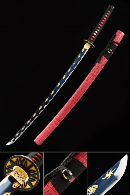 Handmade Japanese Samurai Sword High Manganese Steel With Blue Blade And Red Scabbard