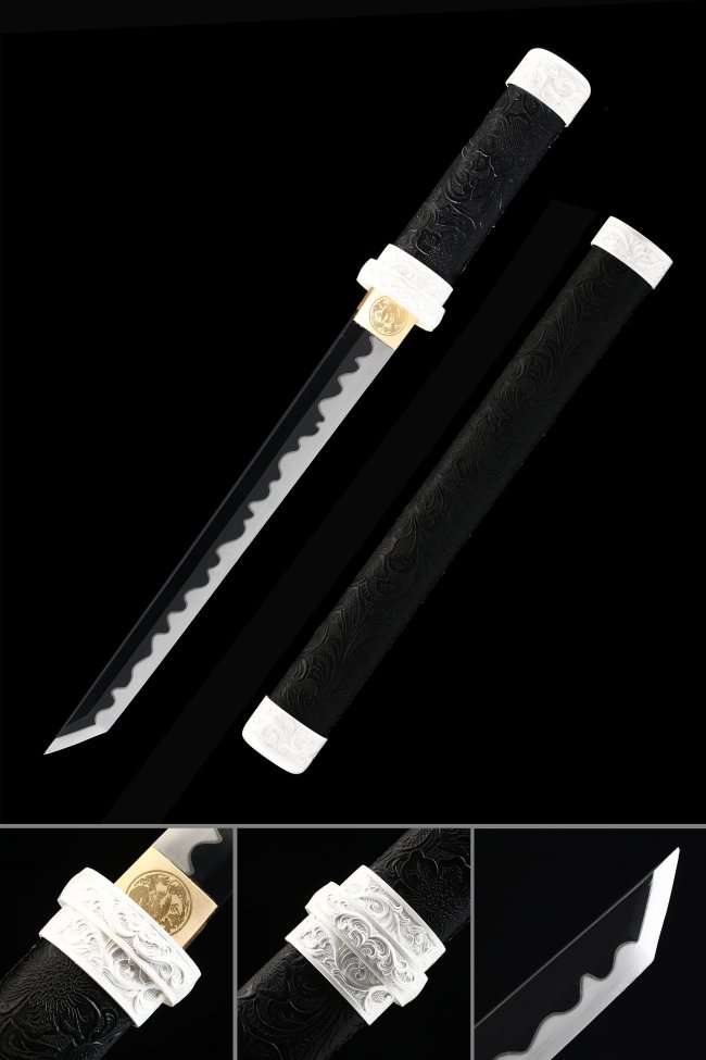 Black Manganese Steel Tanto with Wave Hamon, Dragon Saya in Koshirae Style