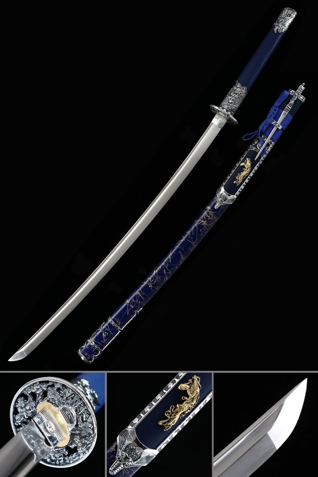 Blue Katana with Dragon Tsuba & Tiger Saya - Manganese Steel Samurai Sword Replica