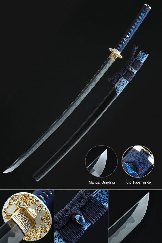 Flower Tsuba T10 Carbon Steel Katana, Clay Tempered, Real Hamon & Full Tang