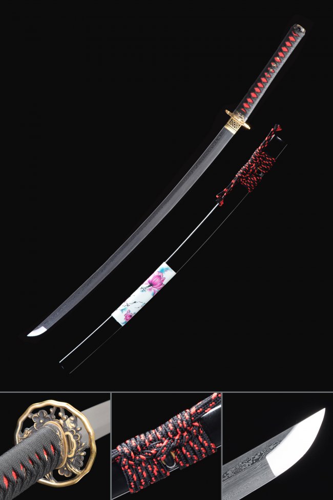 Damascus Steel Katana with Gold Chrysanthemum Tsuba in Black-Red Ito and Black Piano Lacquer Saya