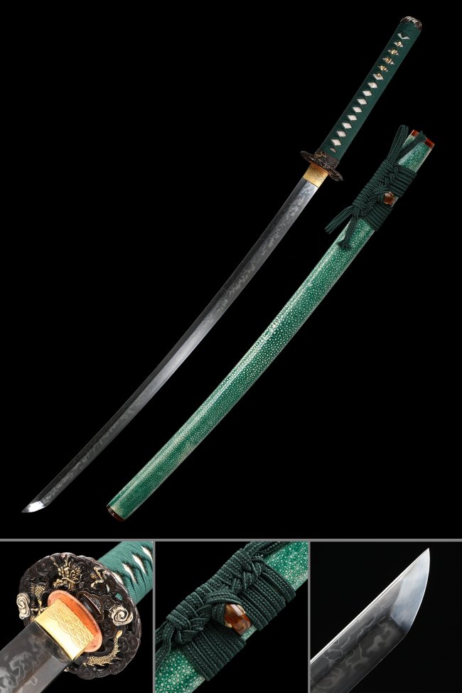 T10 Carbon Steel Katana with Real Hamon in Green Rayskin Saya - Dragon Tsuba, Full Tang