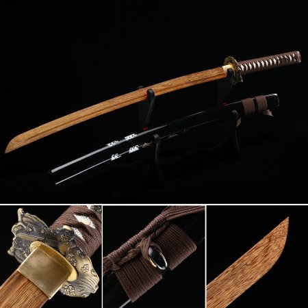 Handmade Japanese Wooden Unsharp Sword With Brown Blade And Black Scabbard