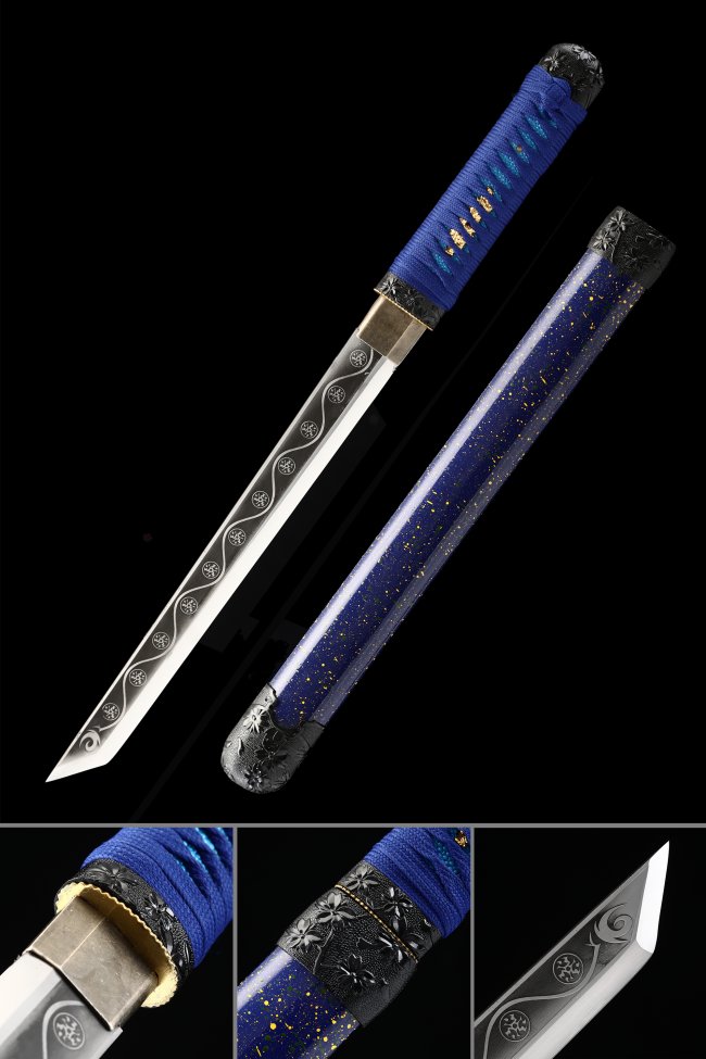 Manganese Steel Tanto with Blue Lacquer Saya - Wave-Engraved Blade, Chrysanthemum Tsuba