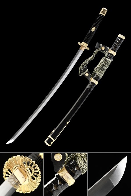 Japanese Tachi Odachi Sword High Manganese Steel With Golden Tsuba And Black Scabbard