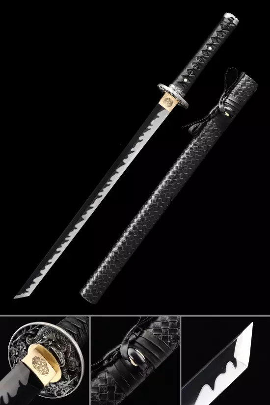 Handmade Japanese Ninjato Ninja Sword With Dragon Tsuba And Black Blade