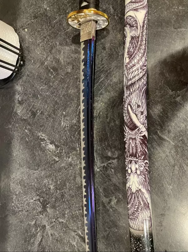 Handmade Japanese Samurai Sword With Blue Blade And Black Scabbard