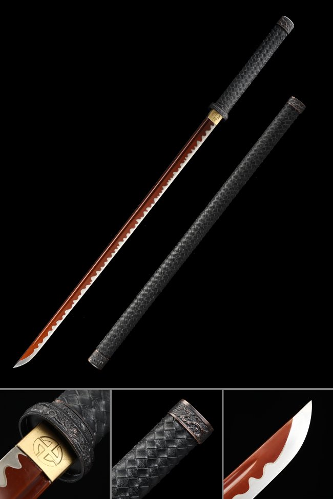 Manganese Steel Ninjato with Red Flame Blade, Black Leather Saya & Gold Tsuba