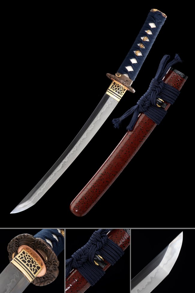 T10 Carbon Steel Tanto with Hamon, Blue Cord Handle in Dark Red Lacquered Hardwood Saya