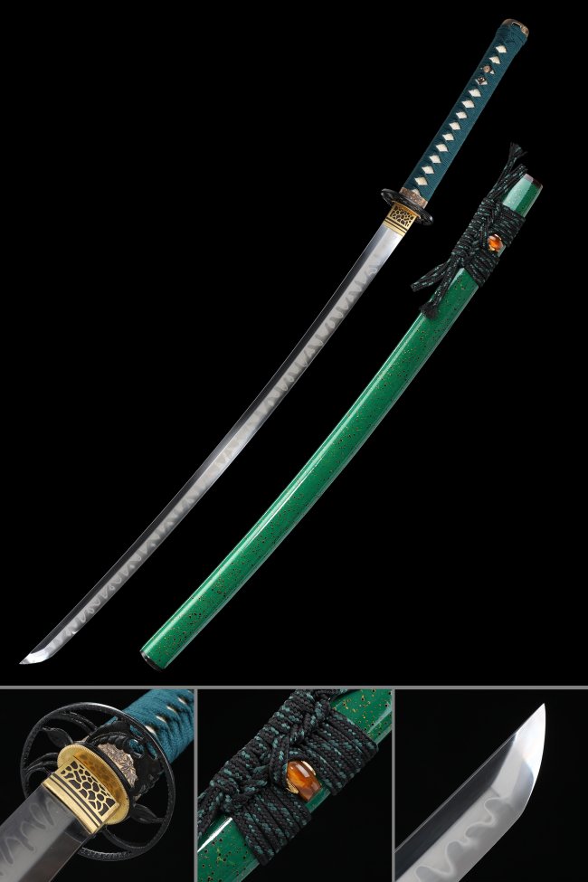 T10 Carbon Steel Katana with Hamon Blade in Green Lacquer Saya - Teal Cord Handle, Black-Gold Tsuba