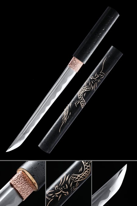 Handmade Full-tang 1095 Carbon Steel Tanto Sword With Black Dragon-themed Saya