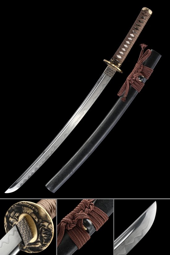 T10 Carbon Steel Wakizashi in Black Hardwood Saya with Gold Dragon Tsuba - Brown Cord Handle