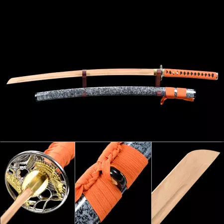 Handmade Natural Bamboo Wooden Blade Unsharpened Katana Sword With Dark Blue Scabbard