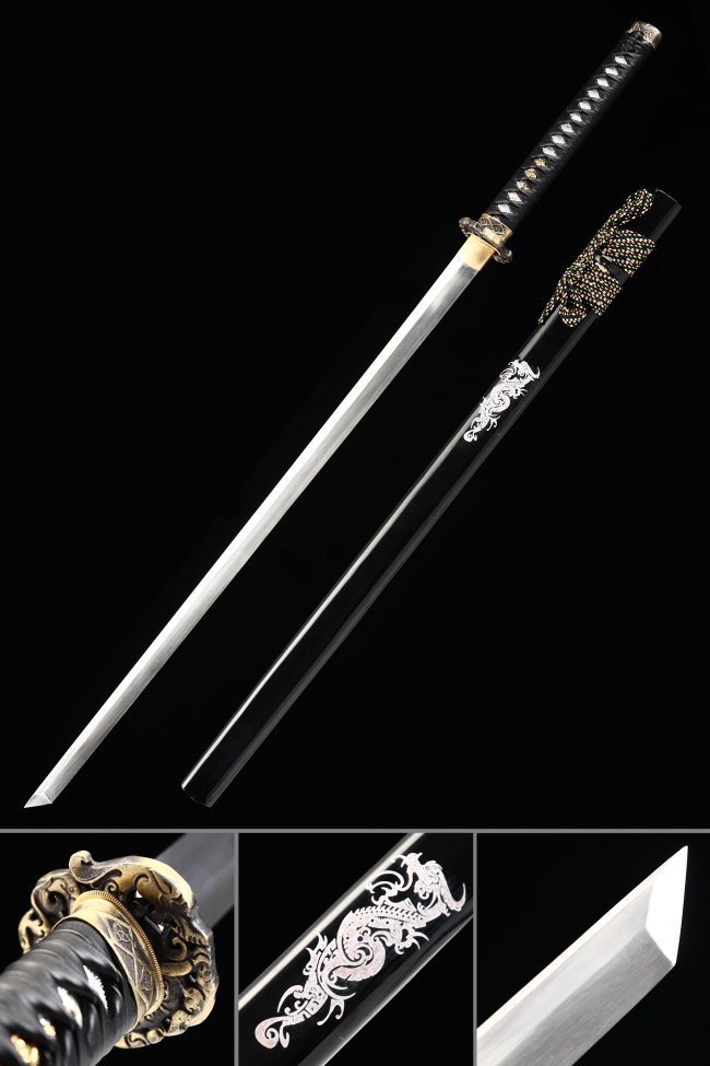 Ninjato Ninja Sword in High Manganese Steel with Black Lacquer Saya and Gold Dragon Tsuba