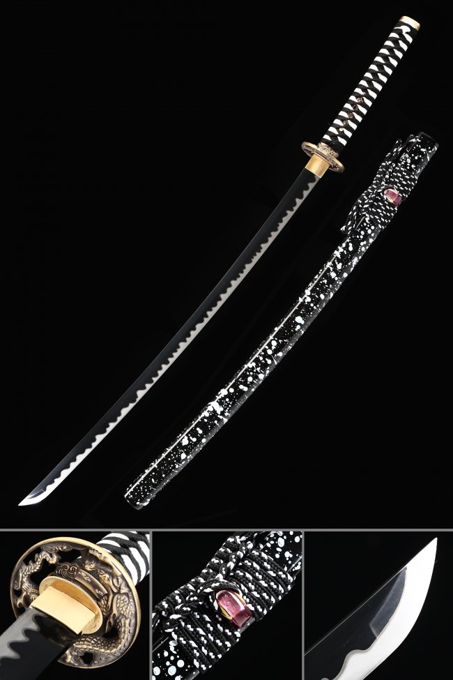 Dragon Tsuba Katana in Manganese Steel with Black Blade - Black & White Marble Saya
