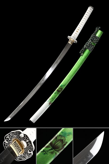 Handmade Japanese Katana Sword T10 Folded Clay Tempered Steel With White And Green Scabbard