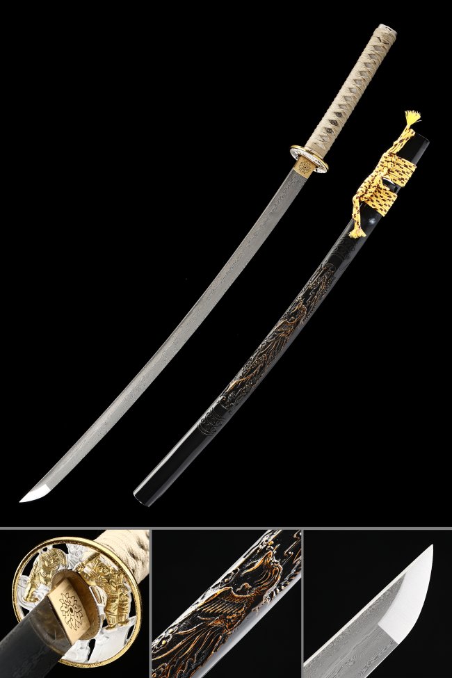 Damascus Steel Phoenix Katana with Gold-Accented Embossed Saya in Black and Cream Ito Wrap