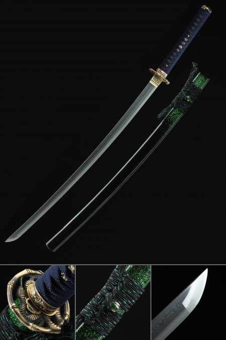 Handmade Sharp Katana Sword Pattern Steel With Black Scabbard And Snake Tsuba