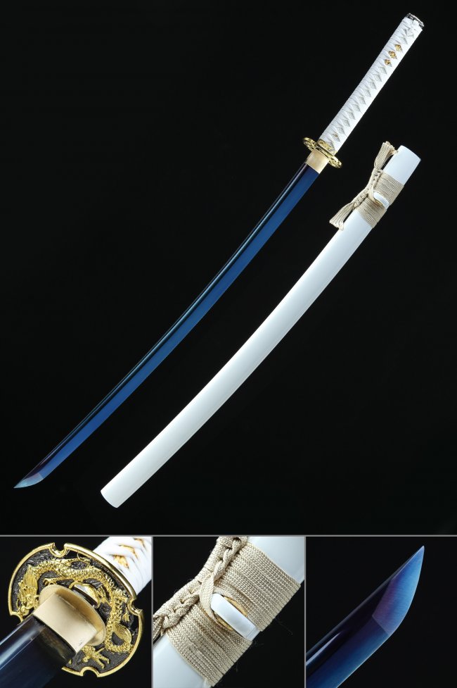 1045 Carbon Steel Katana with Blue Blade and White Saya - Dragon Tsuba Full Tang Collectible Sword