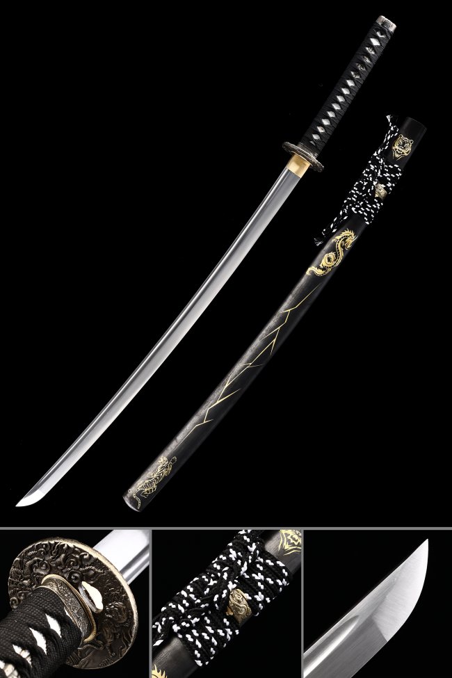 Manganese Steel Katana with Black Lacquer Dragon Saya - Bronze Dragon Tsuba, Black-White Ito