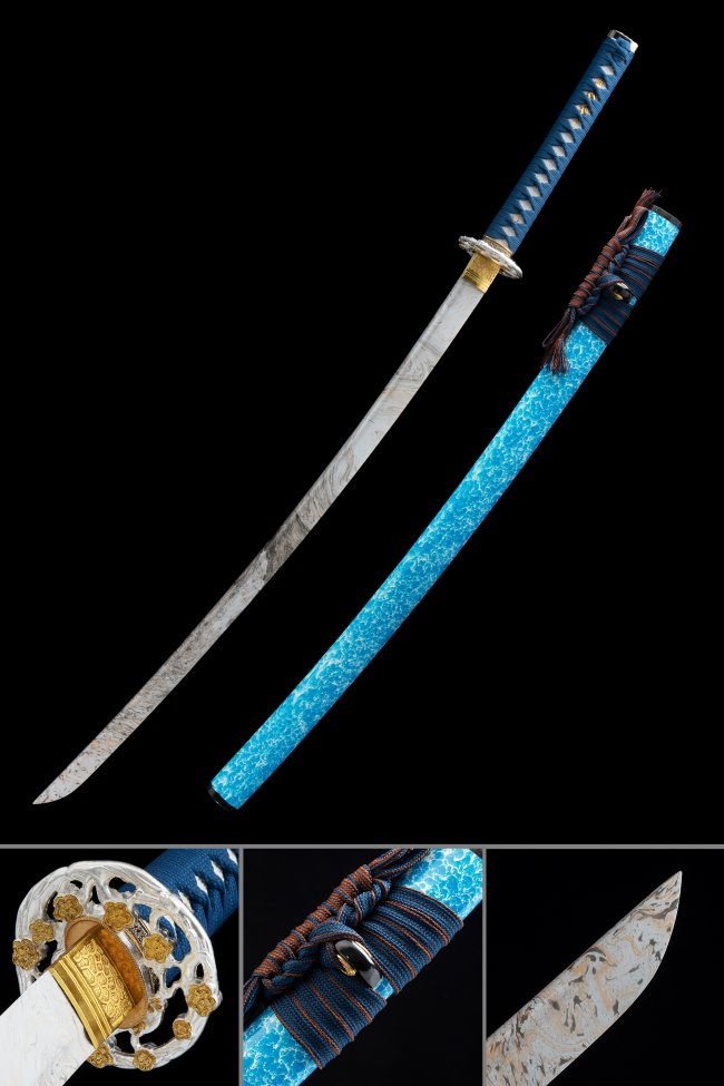 1045 Carbon Steel Katana with Cyan Wave-Lacquer Saya and Chrysanthemum Tsuba in Blue