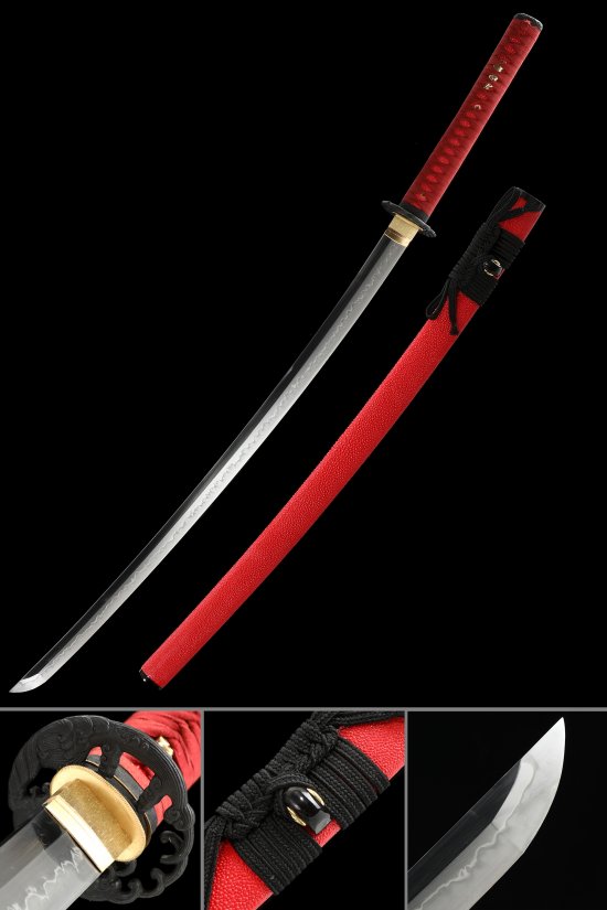 Ornate Scroll Tsuba T10 Carbon Steel Katana, Real Hamon, Full Tang & Red Saya