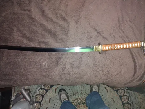 WW2 Shin Gunto Katana 1095 Carbon Steel Blade Green Leather Saya Brown Tsuka