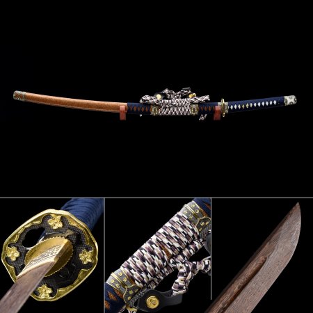 Handmade Brown Wooden Blade Unsharpened Katana Sword With Orange Scabbard And Kirsite Tsuba