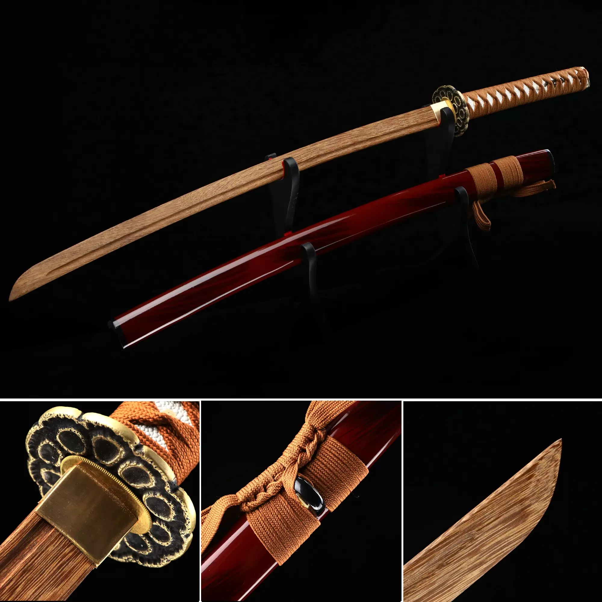 Handmade Japanese Wooden Unsharp Katana Sword With Brown Blade And Red Scabbard
