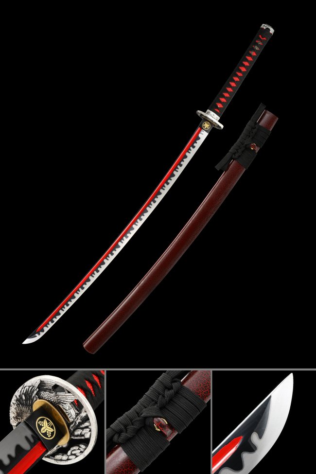1095 Carbon Steel Katana with Red-Chrome Blade, Crane Tsuba in Black & Dark Red