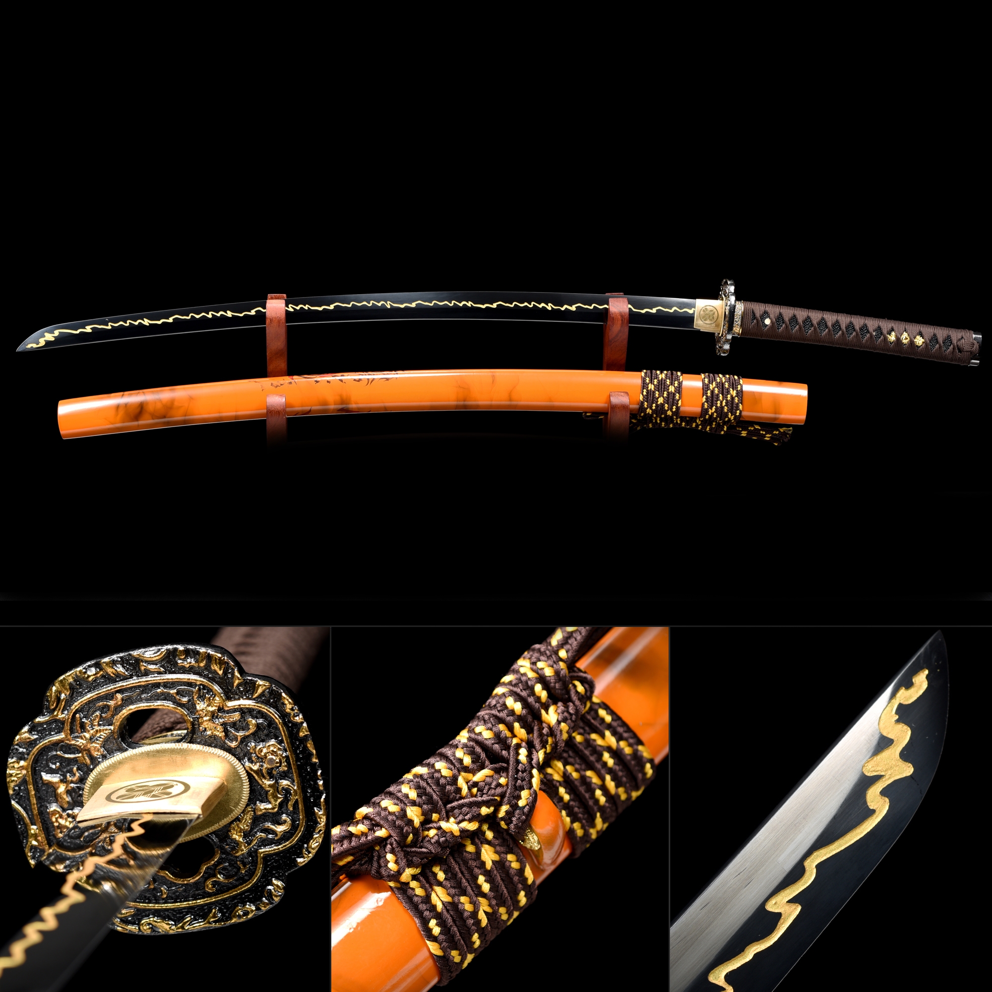 Handmade High Manganese Steel Wave Theme Real Japanese Katana Samurai ...