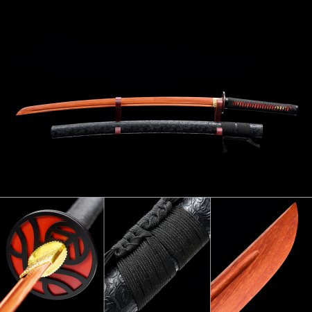 Handmade Rosewood Blunt Unsharpened Blade Samurai Katana Swords With Black Leather Scabbard
