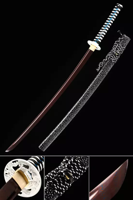 Handmade Japanese Katana Sword Damascus Steel With Red Blade
