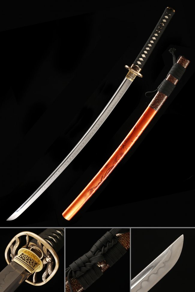 T10 Carbon Steel Katana with Orange Lacquer Dragon Saya - Gold Tsuba, Black Ito, Real Hamon
